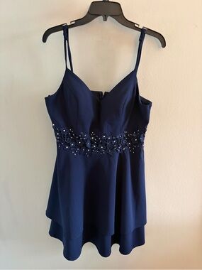 Navy Embellished Spaghetti Strap Cocktail Dress
